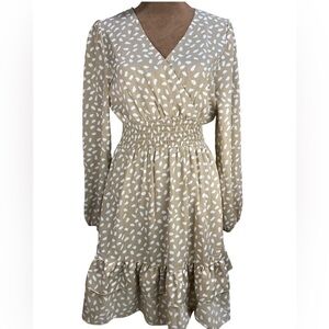 Boho Midi Dress Medium Tan White Dot Smocked Waist Wrap